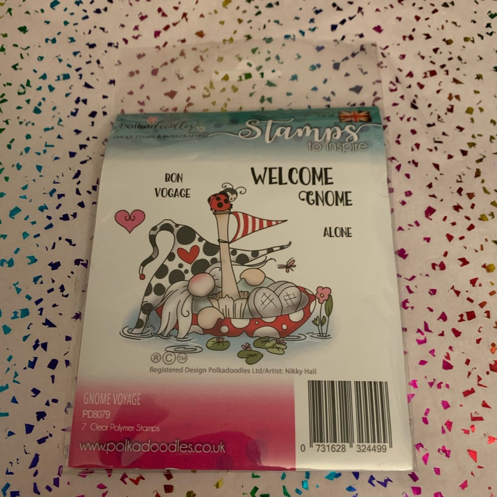 NWT 7 Piece Welcome Gnome Cling Stamp Set. Fun for card making and crafts!